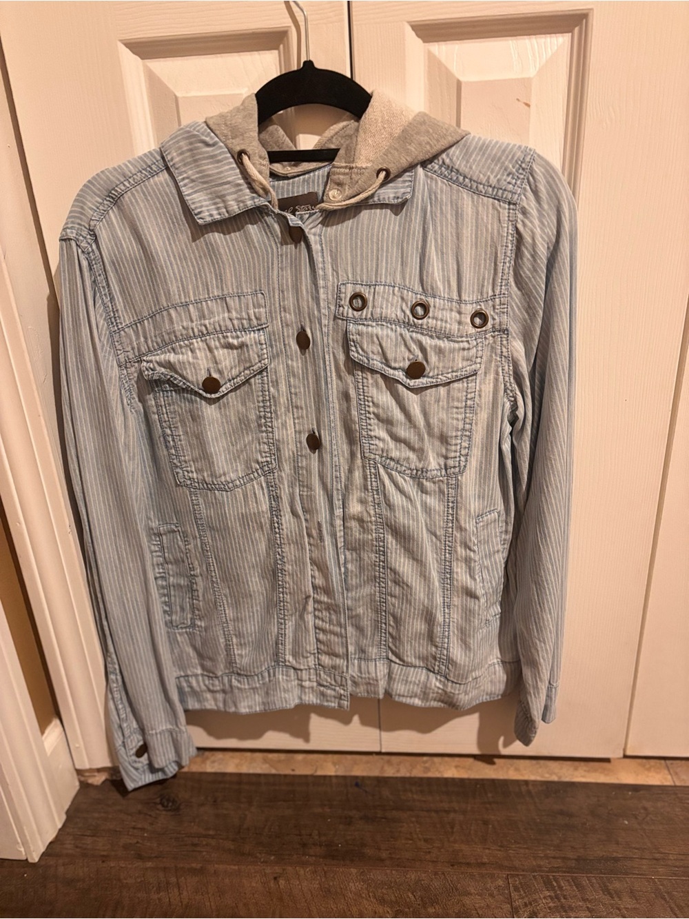 Michael Stars Light Blue Striped Denim-Style Jacket with Gray Hood